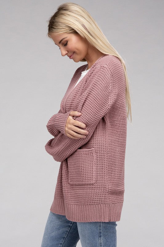 Low Gauge Waffle Open Cardigan Sweater 