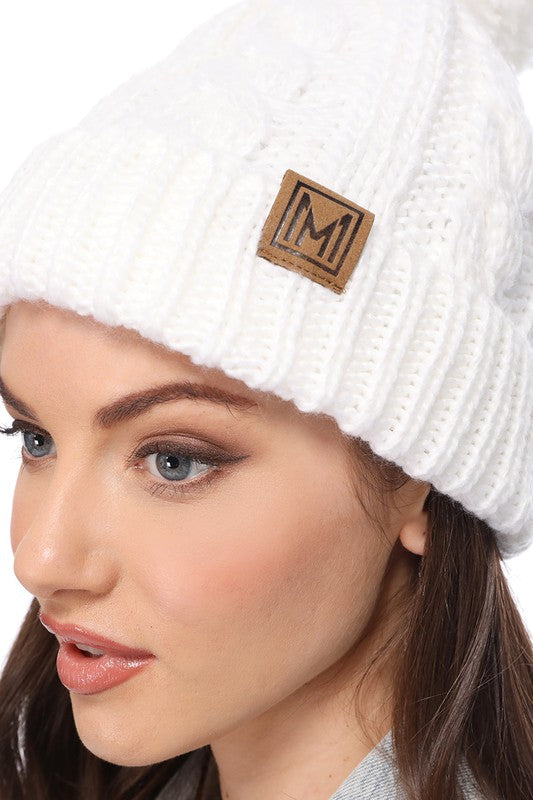 Winter Cable Knit Beanie Hat with Fleece Lining