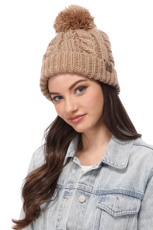 Winter Cable Knit Beanie Hat with Fleece Lining