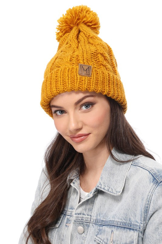 Winter Cable Knit Beanie Hat with Fleece Lining