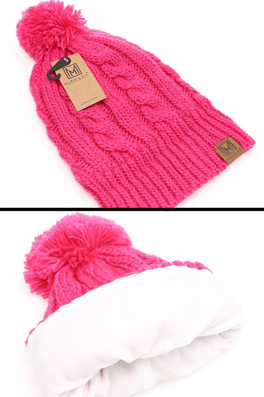 Winter Cable Knit Beanie Hat with Fleece Lining