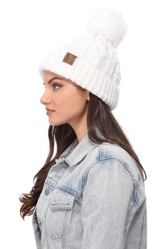 Winter Cable Knit Beanie Hat with Fleece Lining