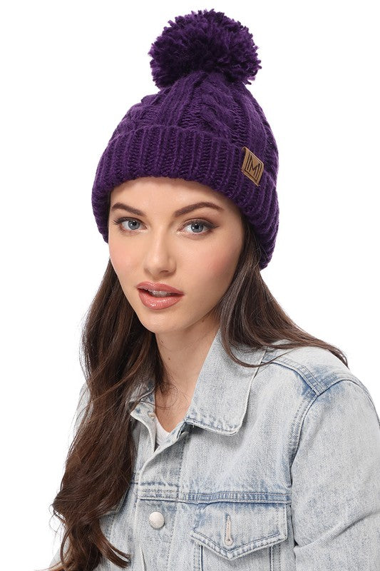 Winter Cable Knit Beanie Hat with Fleece Lining