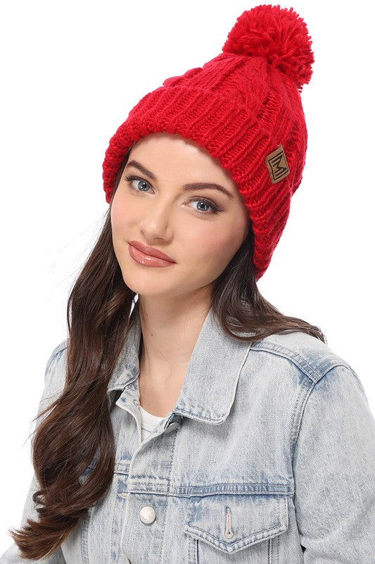 Winter Cable Knit Beanie Hat with Fleece Lining