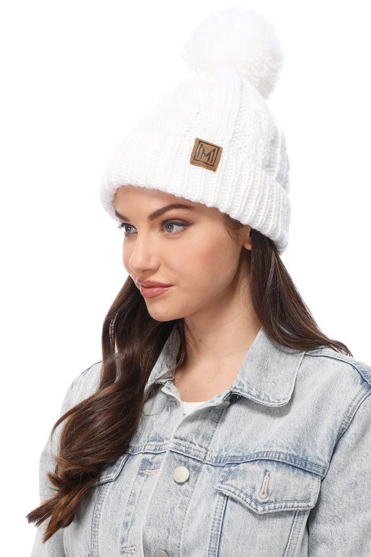 Winter Cable Knit Beanie Hat with Fleece Lining