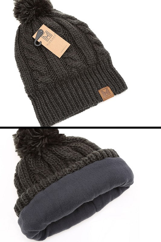 Winter Cable Knit Beanie Hat with Fleece Lining