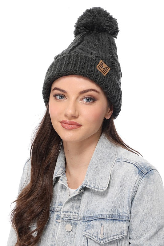 Winter Cable Knit Beanie Hat with Fleece Lining