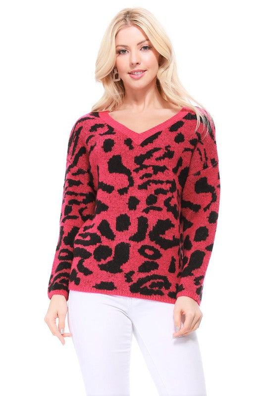 Leopard Pattern Jacquard Sweater Pull Over Top