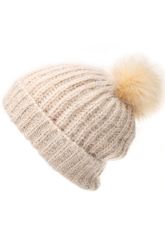 Women's Sequin Cable Knit Sherpa Lined Beanie Hat