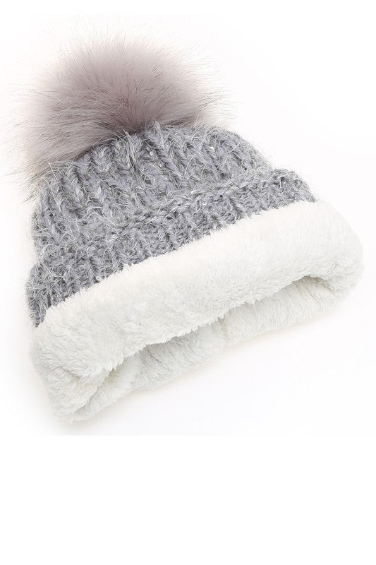 Women's Sequin Cable Knit Sherpa Lined Beanie Hat