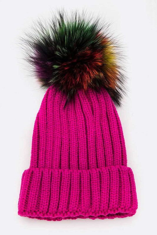 Mix Color Raccoon Fur Pom Pom Beanie