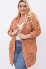 Plus Ribbed Popcorn Knit Long Open Hoodie Cardigan