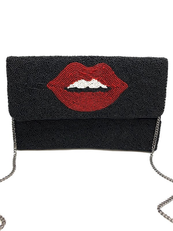 Red Lips Beaded Clutch Bag