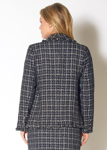 Plaid Tweed Fringe Hem Blazer Jacket