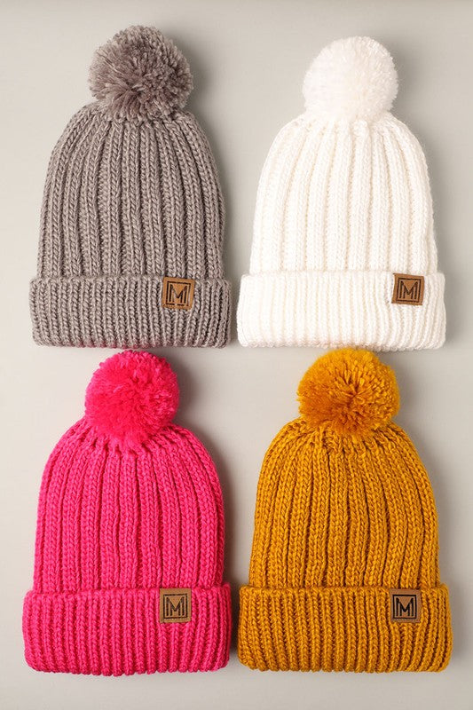 Winter Rib Knitted Sherpa Lined Pom Pom Beanie Hat