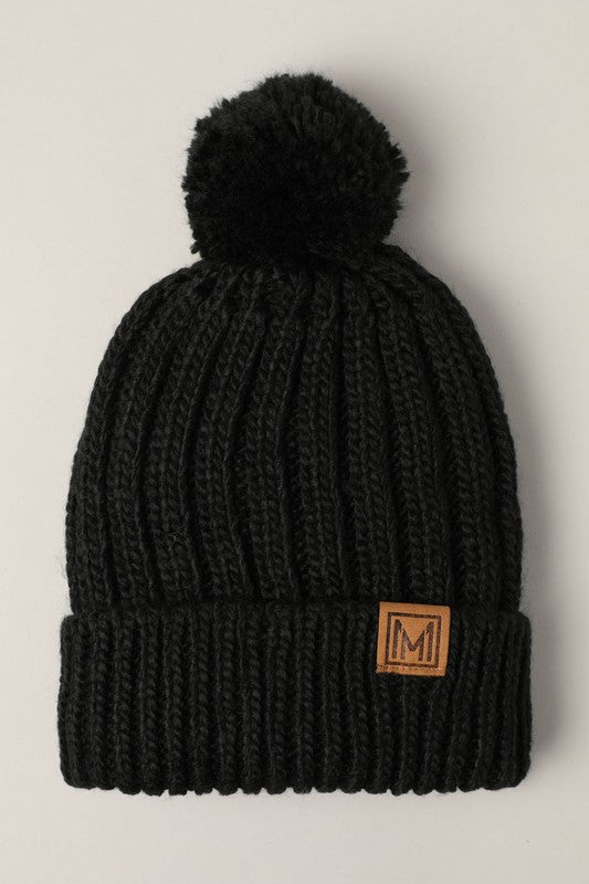 Winter Rib Knitted Sherpa Lined Pom Pom Beanie Hat