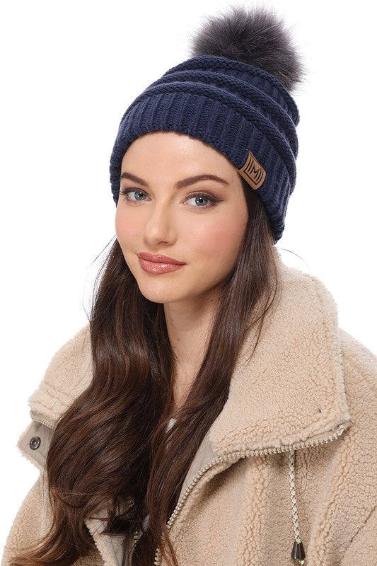 Winter Knitted Beanie Hat with Faux Fur Pom Pom