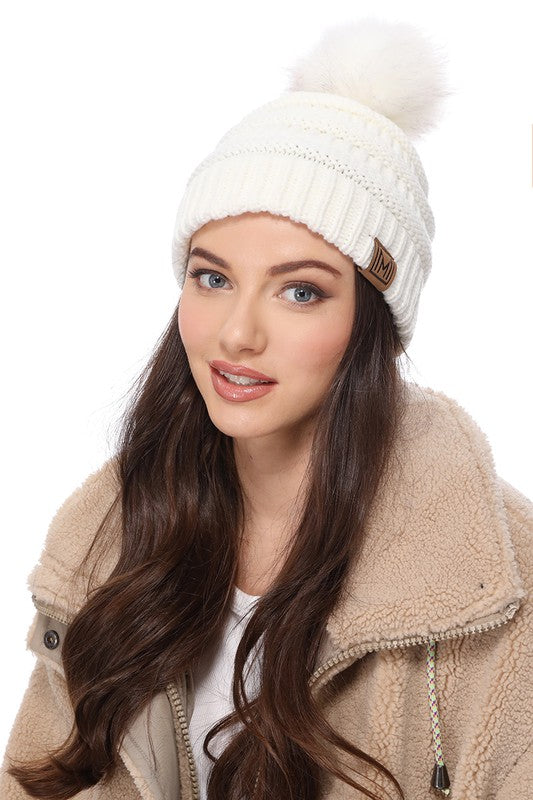 Winter Knitted Beanie Hat with Faux Fur Pom Pom