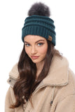 Winter Knitted Beanie Hat with Faux Fur Pom Pom