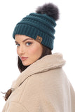 Winter Knitted Beanie Hat with Faux Fur Pom Pom