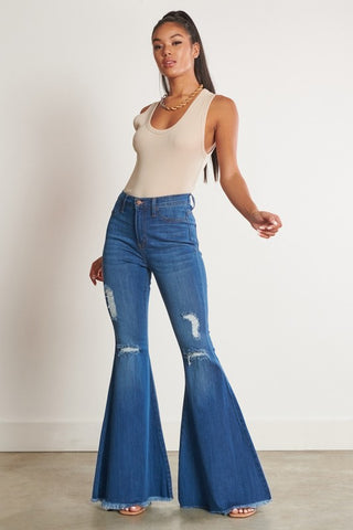 High Waisted Distressed Flare Jeans