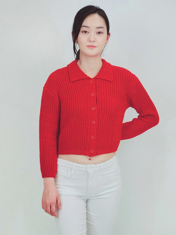 Button Down Vintage Crop Sweater Cardigan w/Collar