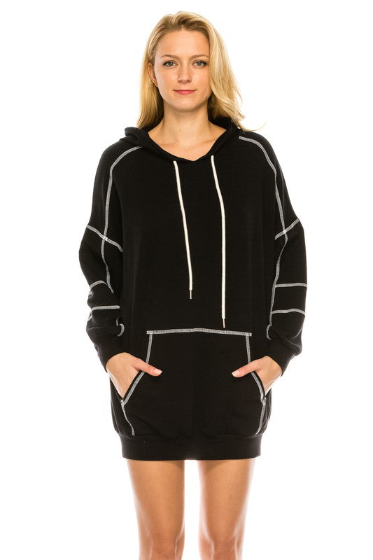 Black Contrast Stitch Hoodie Dress