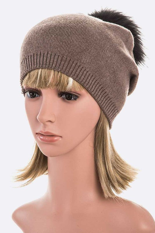 Raccoon Fur Pom Cashmere Blend Slouchy Beanie
