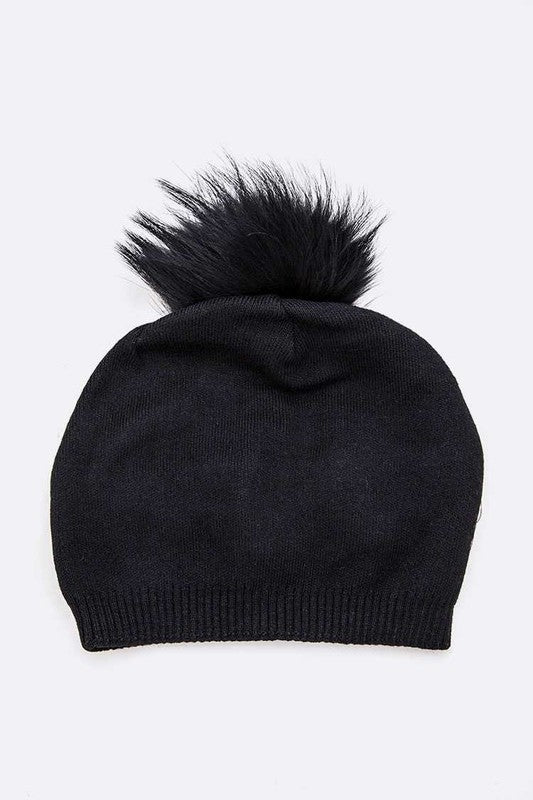 Raccoon Fur Pom Cashmere Blend Slouchy Beanie
