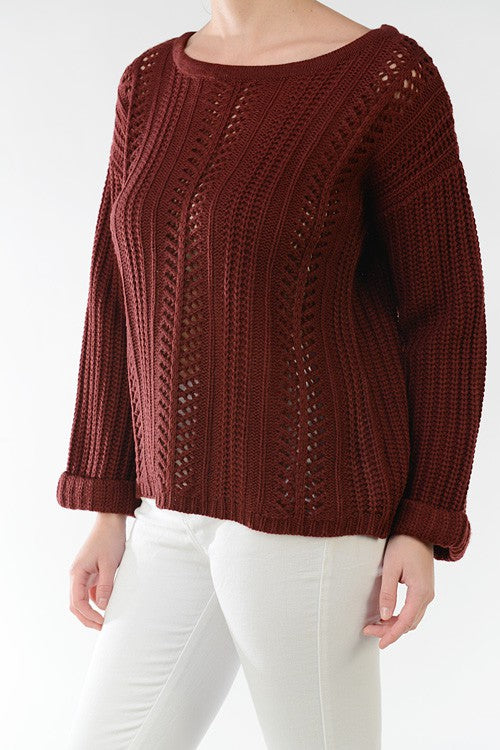 Leaf Crochet Detailed Rolled Up Sleeve Sweater