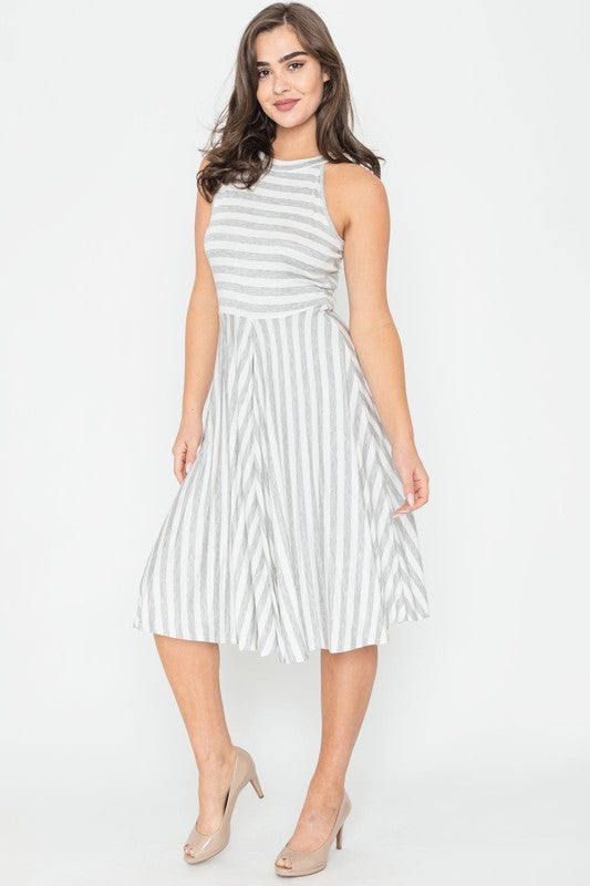 Stripe Halter Neck Midi Swing Dress 