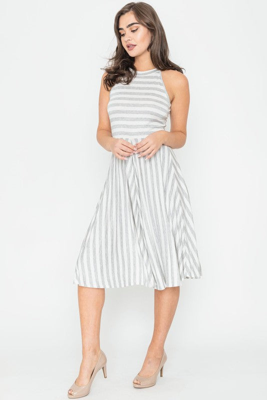 Stripe Halter Neck Midi Swing Dress 