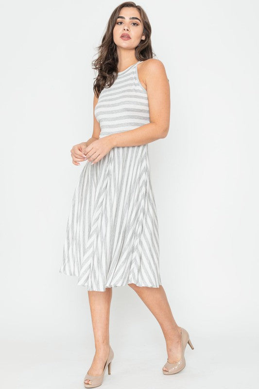 Stripe Halter Neck Midi Swing Dress 