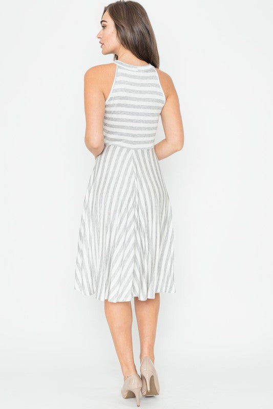 Stripe Halter Neck Midi Swing Dress 