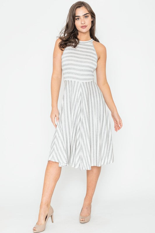 Stripe Halter Neck Midi Swing Dress 