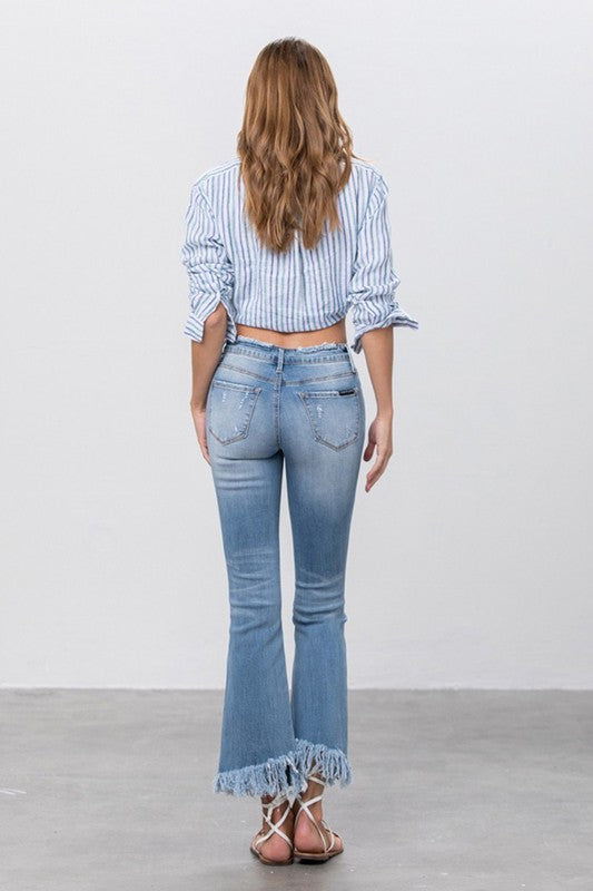 Long Bottom Frayed Crop Flare Jeans 