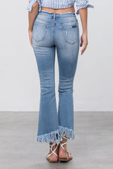 Long Bottom Frayed Crop Flare Jeans 