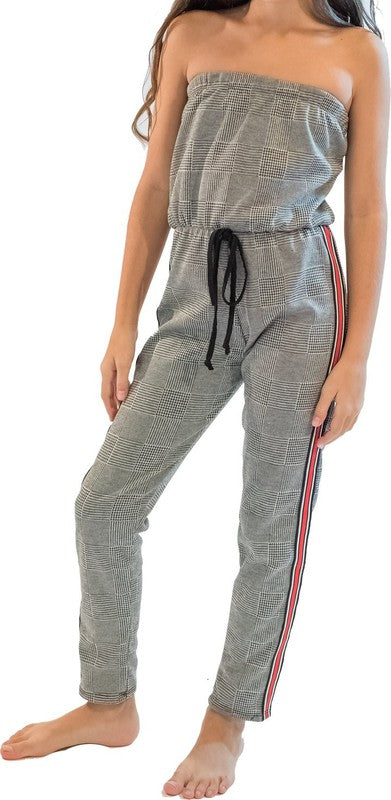 JUNIOR PLAID STRIPE SIDE JUMPSUIT