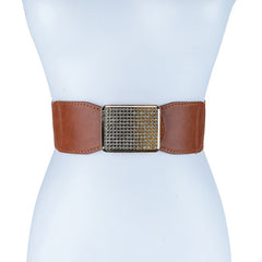 Rectangle Rhinestoned Smocked Leather Belt