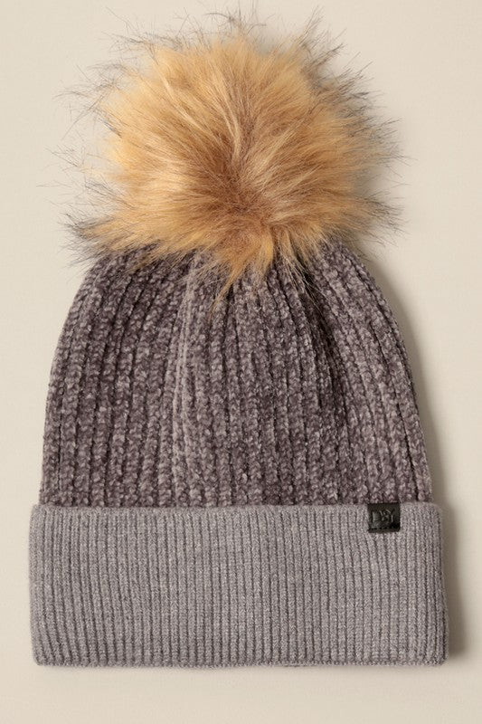 Winter Solid Chenille Cuff Beanie with Pom Pom