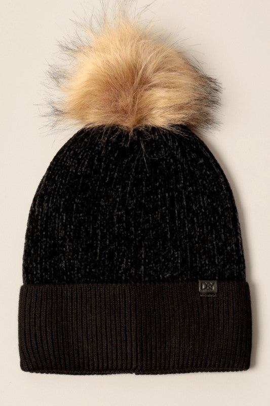 Winter Solid Chenille Cuff Beanie with Pom Pom