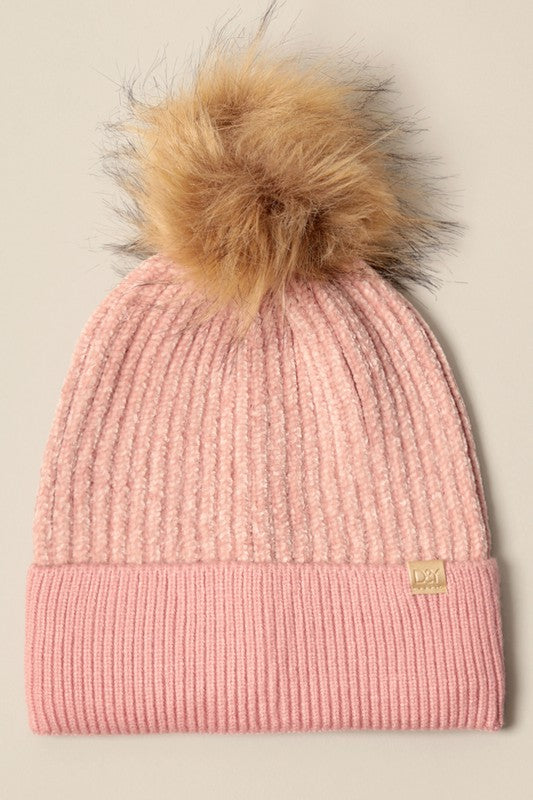 Winter Solid Chenille Cuff Beanie with Pom Pom