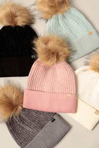 Winter Solid Chenille Cuff Beanie with Pom Pom