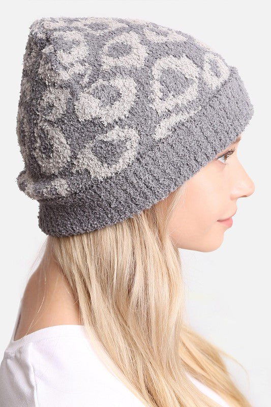 Winter Leopard Print Ribbed Cuff Beanie Hat