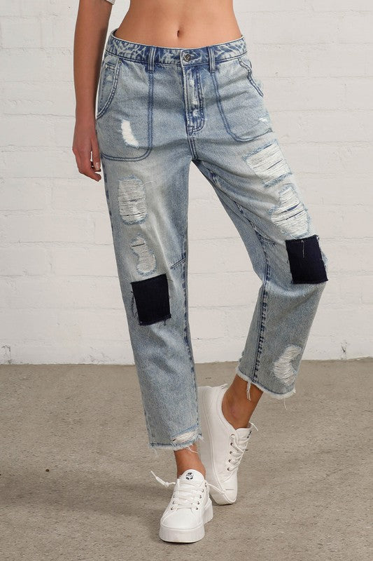 Raw Hem Patched Jeans