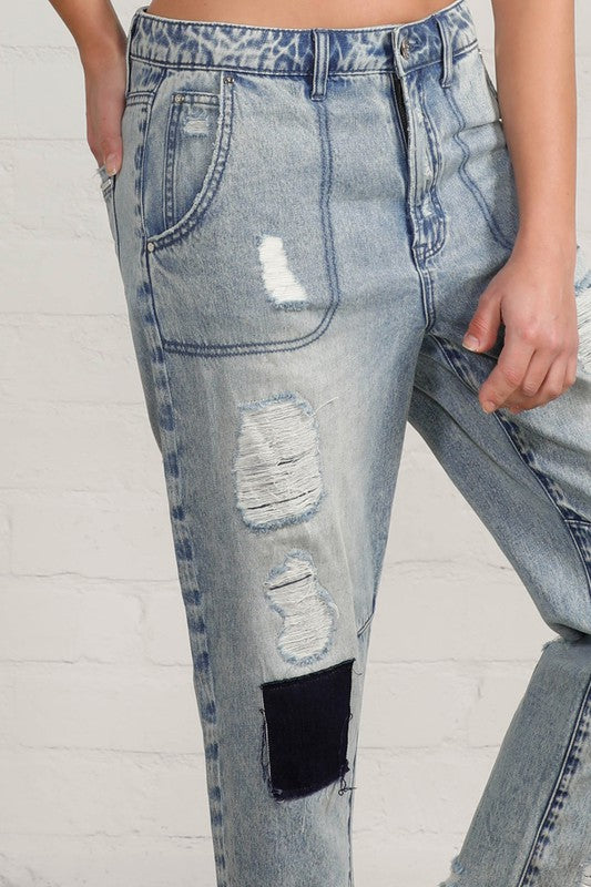 Raw Hem Patched Jeans