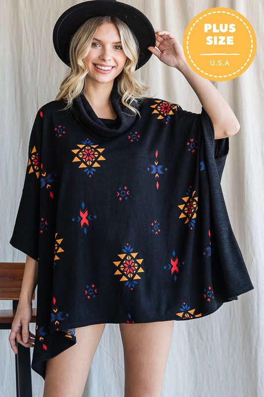 Aztec Print Cowl Neck Oversized Poncho