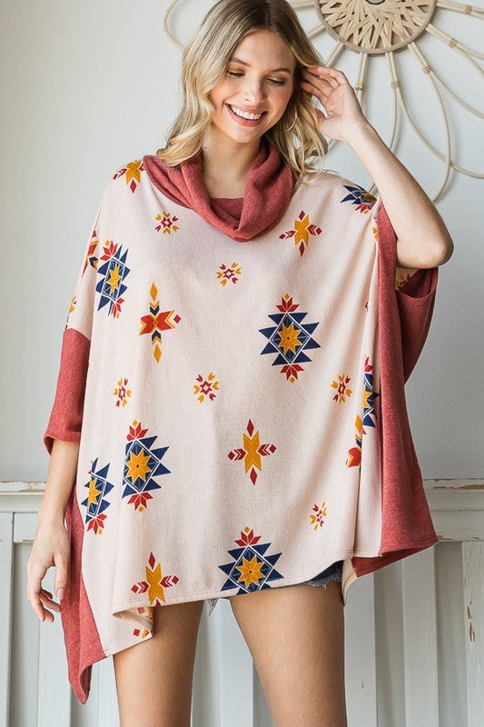 Aztec Print Cowl Neck Oversized Poncho