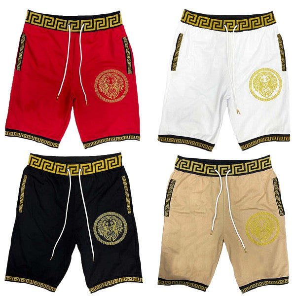 Mens Lion Head Black and Gold Detail Shorts
