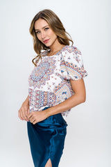 Paisley Print Round Neck Top With Puff Sleeve